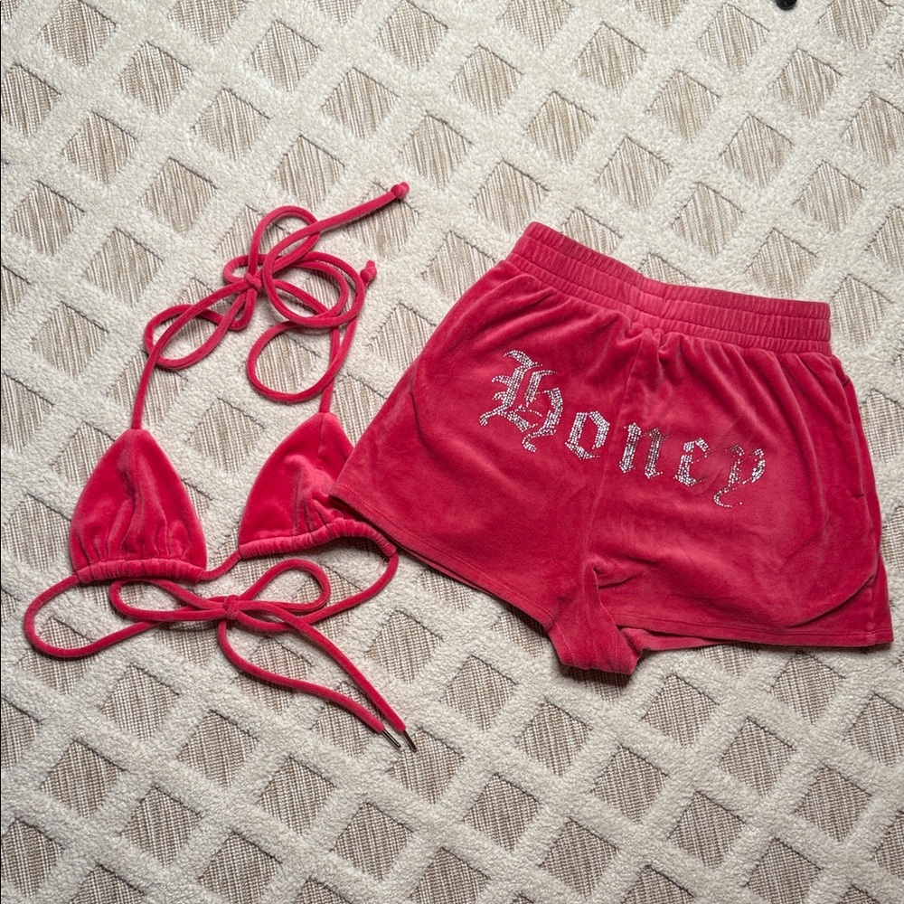 SET: Hot pink velvet top and shorts